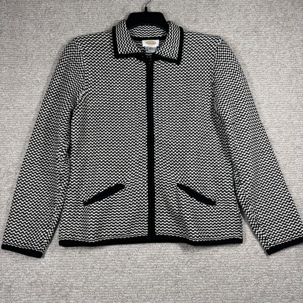 Talbots Knit Jacket Checkered Zip Front Women's Medium Black White‎ Career Style
